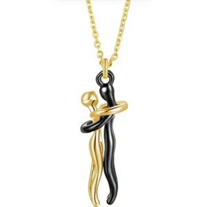 Stainless Steel Hugging Couple Pendant Necklace - Black Male & Gold Female